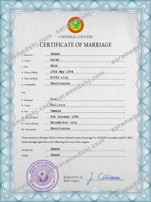 Mauritania marriage certificate PSD template